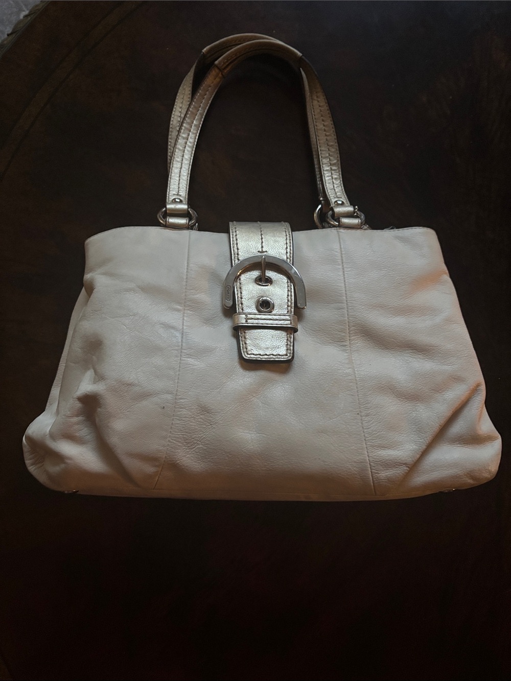 Coach Cream Leather Shoulder Bag with Silver Buckle